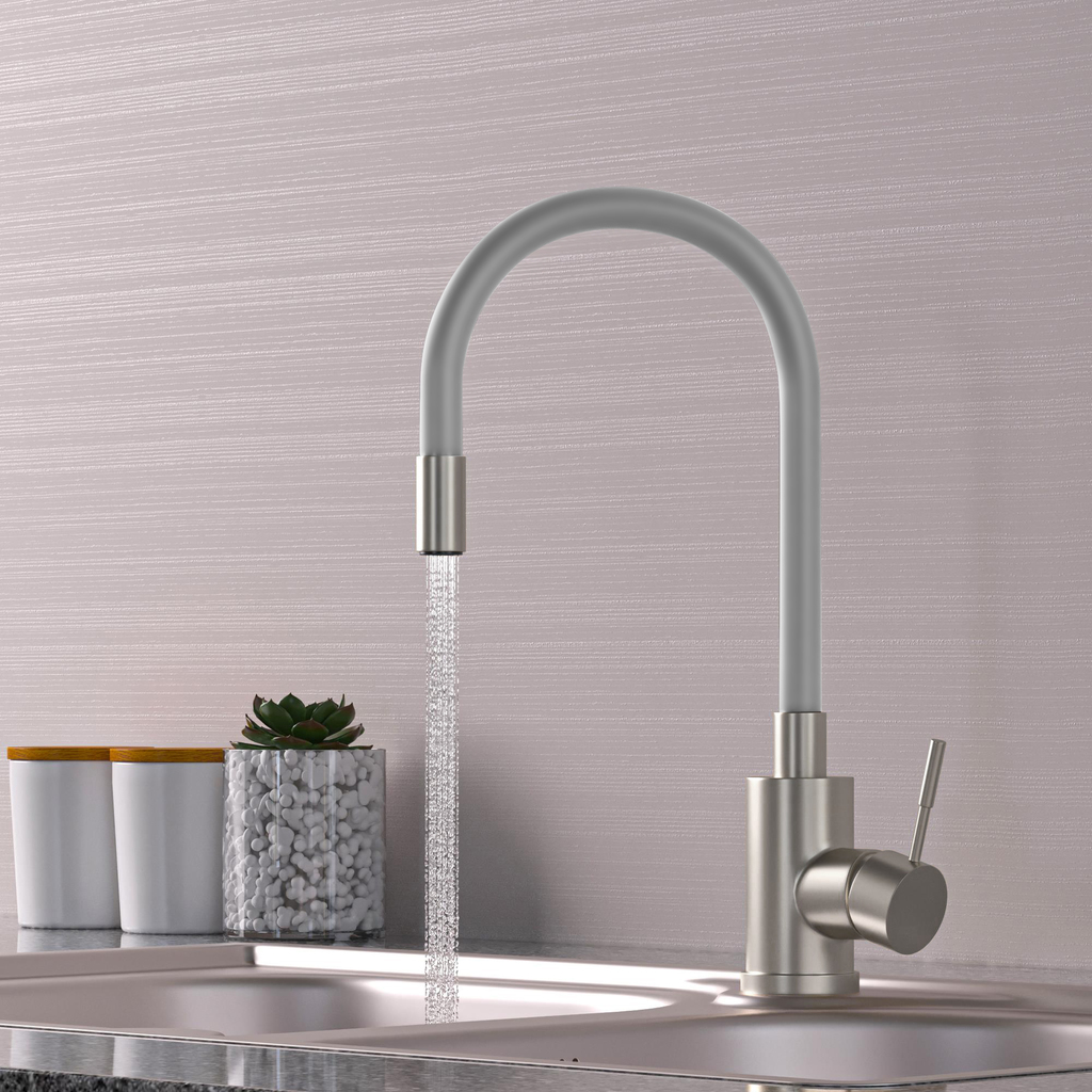 Смеситель для кухни 35k MIXLINE МЛНС-0325 (MLSS-0325) СЕРЫЙ гибкий силиконовый излив, п/гайку САТИН