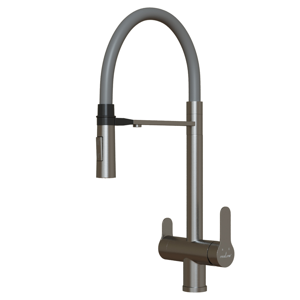 Смеситель для кухни 35k MIXLINE МЛНС-0401/MLSS-0401 СЕРЫЙ гиб.изл магнит,под.к фильтру,п/гайку САТИН