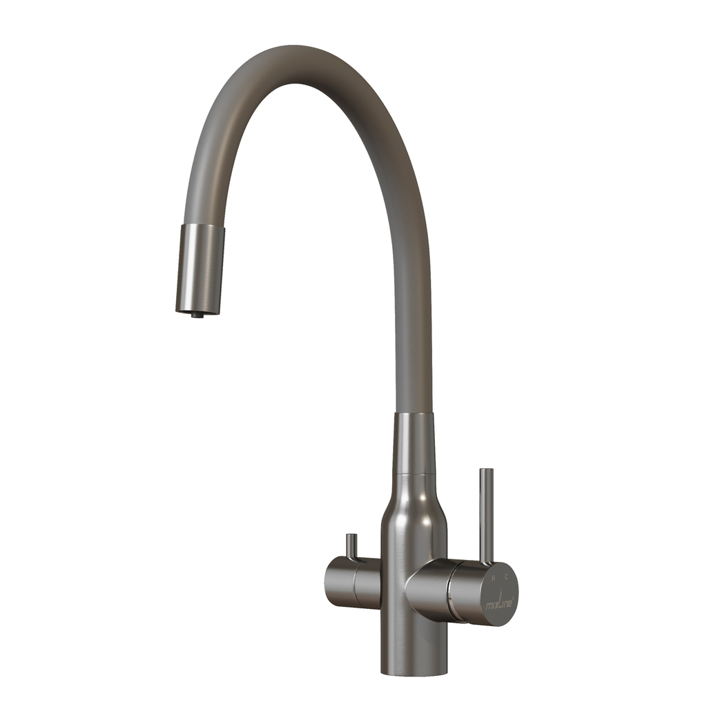 Смеситель для кухни 35k MIXLINE МЛНС-0403 (MLSS-0403) серый гиб.излив,подкл.к фильтру, п/гайку САТИН