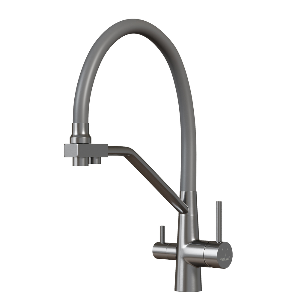 Смеситель для кухни 35k MIXLINE МЛНС-0404 (MLSS-0404) серый гиб.излив,подкл.к фильтру, п/гайку САТИН