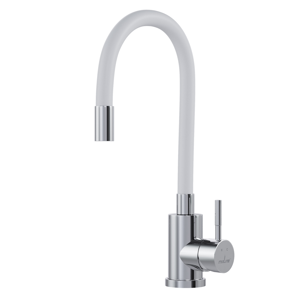 Смеситель для кухни 35k MIXLINE МЛНС-0325Х БЕЛЫЙ гибкий силиконовый излив, п/гайку ХРОМ