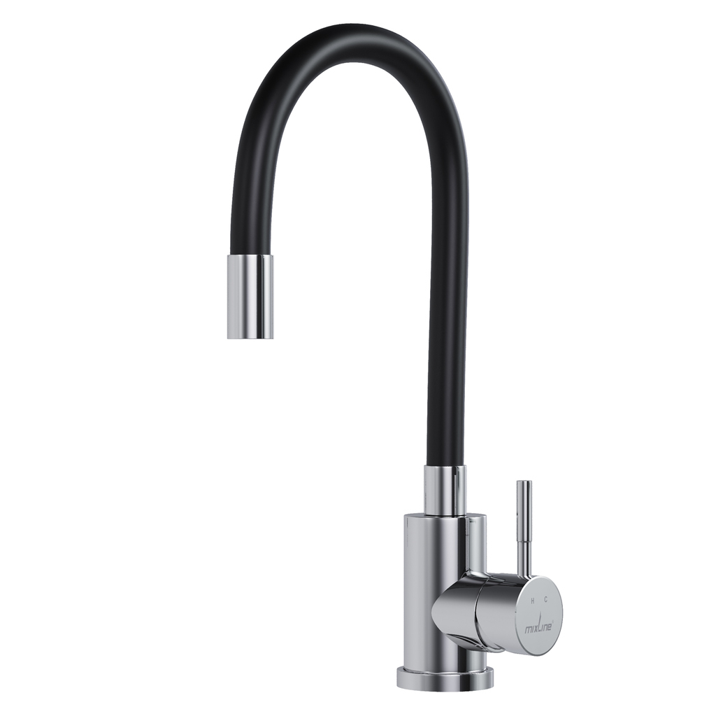 Смеситель для кухни 35k MIXLINE МЛНС-0325Х ЧЕРНЫЙ гибкий силиконовый излив, п/гайку ХРОМ