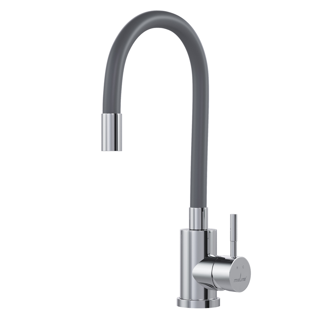 Смеситель для кухни 35k MIXLINE МЛНС-0325Х СЕРЫЙ гибкий силиконовый излив, п/гайку ХРОМ
